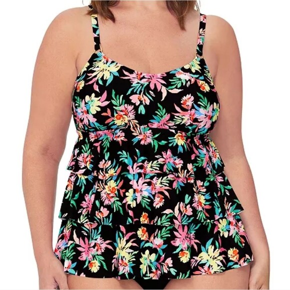 Island Escape Plus Size Floral-Print Tiered Tankini Top Multicolor Size 16W - Picture 1 of 11